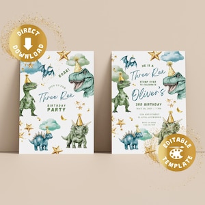 Invitation d'anniversaire 3 ans dinosaure T-Rex, fête des trois Rex, garçons, vert, bleu, or, tyrannosaure, personnalisée, numérique, modèle Canva