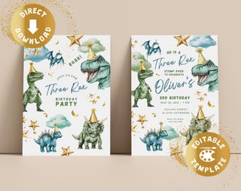 Three Rex Dinosaur T-rex 3rd Birthday Invitation, Party, Boys, Green, Blue, Gold, Tyrannosaurus, Personalized, Digital, Canva Template