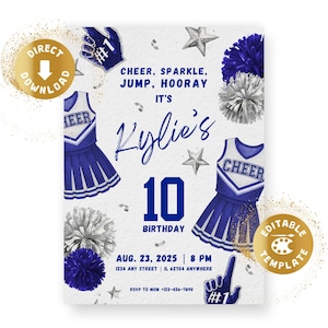May include: A white invitation with a blue and white cheerleader theme. The text reads "Cheer, Sparkle, Jump, Hooray, It's Kylie's 10th Birthday." Includes cheerleader uniforms, pom-poms, stars, and a #1 foam finger.