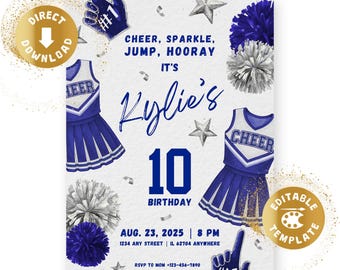 Cheerleader birthday invitation digital let&#39;s cheer birthday invite party blue silver tailgate tween teen dance personalized canva template