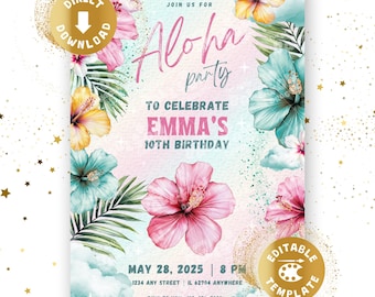 Hawaii Geburtstag Einladung, Digitale Vorlage, Aloha, Aloha-Party, Luau, tropisch, Geburtstagseinladung, Mädchen, Personalisiert, Download