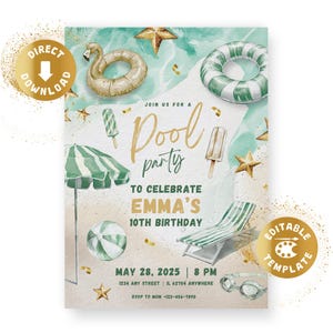 Pool party birthday invitation digital poolparty invite gold waterslide paddling pool summer party beach holiday personalized canva template
