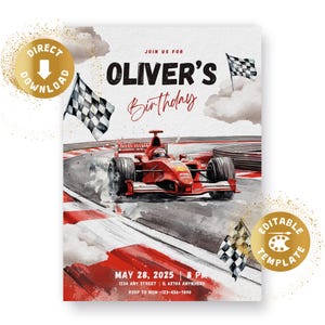 Invitation d'anniversaire de voiture de course, F1, voiture, course, voiture de sport, invitation, 10e anniversaire, garçons, personnalisé, téléchargement numérique