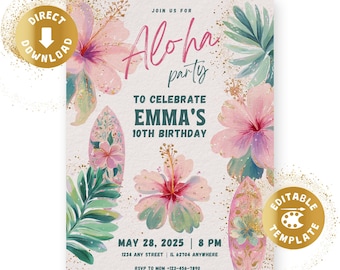 Hawaii Birthday Invitation, Digital, Aloha, Aloha-Party, Luau, pastel pink tropical, Birthday invite, Girl, Personalized, Canva Template