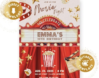 Movie night birthday invitation, cinema, gold, red, movie, popcorn, invitation, hollywood theater birthday, personalized, digital download