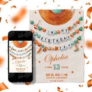May include: A birthday invitation with a vintage vinyl record design, featuring the text "In My Birthday Era" and the name "Ophelia". The invitation includes details for a 13th birthday celebration, with a guitar, stars, and decorative elements.