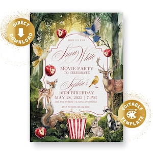 Invito di compleanno per la serata cinema di Biancaneve, digitale, film cinematografico, fiaba, popcorn, invito, compleanno, ragazza, personalizzato, modello