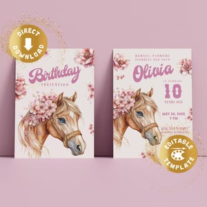 Pferde Geburtstagseinladung, Digitale Vorlage, Pferd, Reiten, Blumen, Ponyhof, Einladung, Geburtstag, Mädchen, Personalisiert, Download