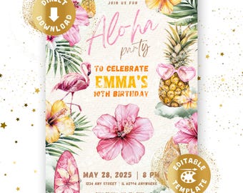 Hawaii Geburtstag Einladung, Digitale Vorlage, Aloha, Aloha-Party, Luau, tropisch, Geburtstagseinladung, Mädchen, Personalisiert, Download