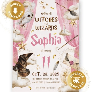 以下が含まれることがあります： 魔法をテーマにしたピンクと白の招待状。「Calling all Witches and Wizards」と書かれており、2025年10月28日のソフィアの11歳の誕生日を発表しています。フクロウ、星、帽子などのイラストが含まれています。