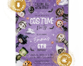 Halloween Costume Party Birthday Invitation Digital Spooky Dress Up Halloween Mummy Hero Witch Spooktacular Personalized Canva Template
