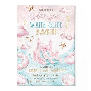 Könnte beinhalten: Eine rosa und blaue Einladungskarte mit einer Wasserrutsche, einem Schwimmring, einem Strandball und Eis am Stiel. Der Text lautet: JOIN US FOR A Splish Splash WATER SLIDE BASH TO CELEBRATE EMMA'S 10TH BIRTHDAY MAY 28, 2025 8 PM 1234 ANY STREET | IL 62704 ANYWHERE RSVP TO MOM