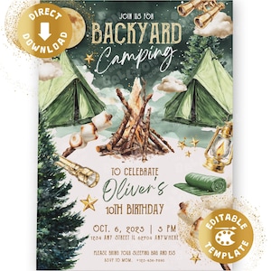Könnte beinhalten: Eine illustrierte Einladung für eine Geburtstagsparty zum Thema Camping im Garten. Das Design zeigt ein Lagerfeuer, Zelte und Campingausrüstung. Der Text lautet "Backyard Camping" und "To Celebrate Oliver's 10th Birthday". Enthält Symbole für direkten Download und bearbeitbare Vorlagen.