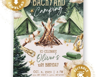 Camping Birthday Invitation Digital Campfire Campout Smores Backyard Invite Adventure Boys Birthday Invitation Personalized Canva Template