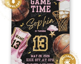 Invitación de cumpleaños para chica de baloncesto, juego de baloncesto digital, deporte americano, invitación de cumpleaños rosa y dorado, plantilla personalizada de Canva