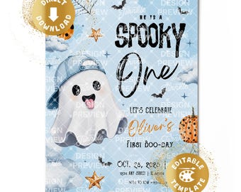 Spooky One 1st Birthday Invitation Digital Halloween Spooky First Birthday Invite Blue Cute Ghosts Orange Boys Personalized Canva Template