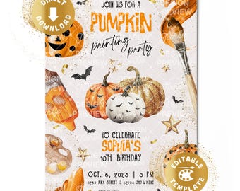 May include: A rectangular invitation for a pumpkin painting party featuring orange and white pumpkins, paintbrushes, gold stars, and black bats. The text reads: Join us for a pumpkin painting party to celebrate Sophia's 10th birthday, Oct. 6, 2025, 5 PM.