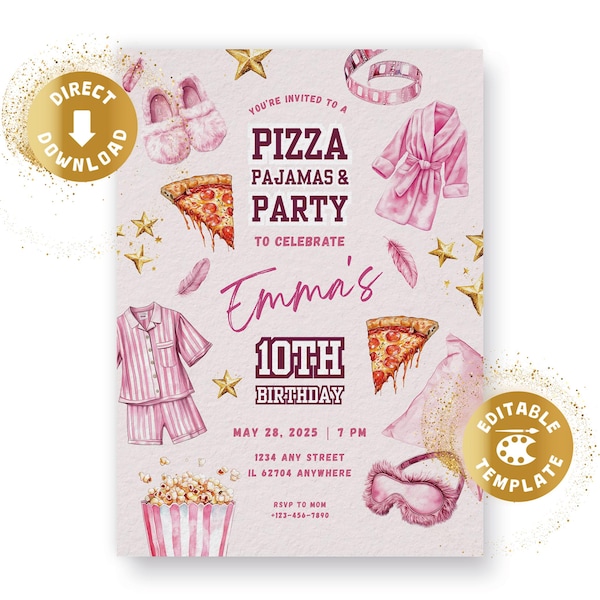 Invito di compleanno in pigiama, serata cinema, pizza, invito di compleanno digitale, personalizzato, modello Canva