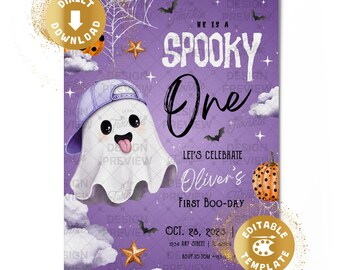 Spooky One 1st Birthday Invitation Digital Halloween Spooky First Birthday Invite Purple Cute Ghosts Orange Boys Personalized Canva Template