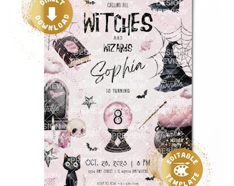 Witch Birthday Invitation Digital Wizard Halloween Costume Witches Party Magical Invitation Pastel Pink Personalized Canva Template