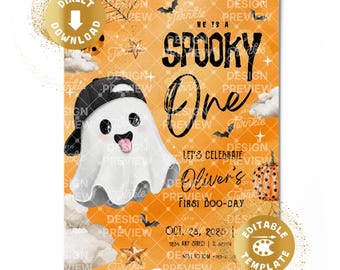 Spooky One 1st Birthday Invitation Digital Halloween Spooky First Birthday Invite Cute Ghosts Orange Boys Personalized Canva Template