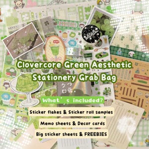 Bolsa de papelería Clovercore: pegatinas verdes, hojas de notas y álbum de recortes