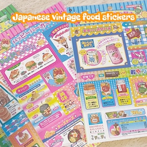Japanse stickers in retrostijl uit de jaren 90 – vintage dessert, eten, frisdrank, brood, snacks Esthetische illustratie, kawaii-scrapbooking en journaling