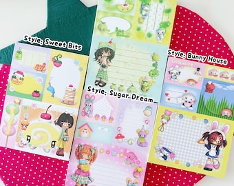 以下が含まれることがあります： 様々なテーマのカラフルなイラスト入りメモ帳のコレクション。各メモ帳には、キャラクター、食べ物、装飾要素など、ユニークなデザインが施されています。メモ帳のテキストには「Style: Sweet Bits」、「Style: Bunny House」、「Style: Melon Crush」、および「Style: Sugar_Dream_」が含まれています。