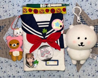 Handmade Japanese Kawaii Uniform Style Binder Cover/Passport Holder Grab Bag: incl Sticker Sheets, Sticker Flakes, Trinkets - Fits A6 M5