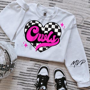Cute Owls Mascot PNG | Retro Checkered Heart Owl Mascot | Groovy Pink | Owls Spirit Sublimation for T-Shirts, Tumblers and Stickers