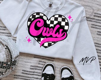 Retro Owl Mascot PNG | Checkered Heart, Groovy Pink (Digital Download)
