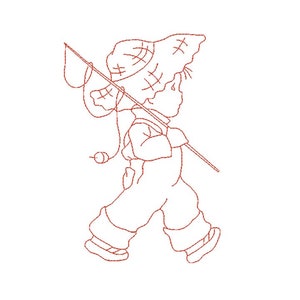 Vintage Children &#39;GOING FISHING&#39; Redwork Machine Embroidery Design