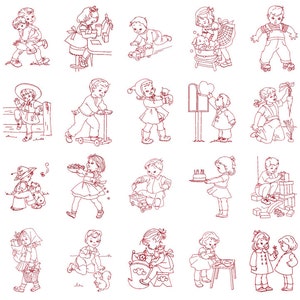 SUPER SAVINGS!!!  Set of 20 &#39;Vintage Children&#39; 5x7 Machine Embroidery Redwork Designs