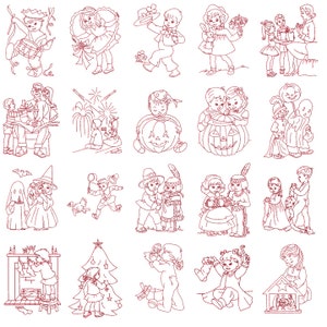 SUPER SAVINGS!!! Set of 20 'Vintage Children Holidays' 5x7 Machine Embroidery Redwork Designs