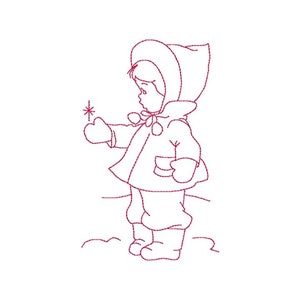 May include: A line drawing of a child wearing a hooded coat and mittens, looking up at a star.