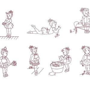 SUPER SAVINGS!!! Set of 7 &#39;Little Miss&#39; Redwork Machine Embroidery Designs to fit 5x7 hoop
