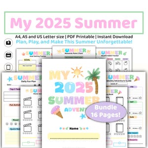 Paquete imprimible de aventuras de verano de 2025 / A4 A5 tamaño carta / Planificador de verano para niños / Actividades para estudiantes adolescentes en PDF / Páginas para diario de vacaciones