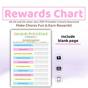 Tabla de recompensas imprimible (PDF, A4, A5, tamaño carta) / Seguimiento de hábitos y tareas para niños / Tabla de puntos de recompensa diarios para niños / Descarga instantánea
