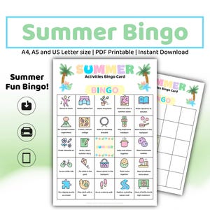 Tarjeta de bingo de verano imprimible en PDF / A4 A5 tamaño carta (EE. UU.) / Juego familiar divertido para niños, adolescentes y padres / Descarga digital