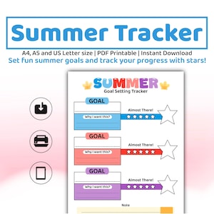 Rastreador de objetivos de verano imprimible para niños / Tamaño A4 / A5 / Divertido rastreador de estrellas para objetivos diarios / Planificador motivacional en PDF
