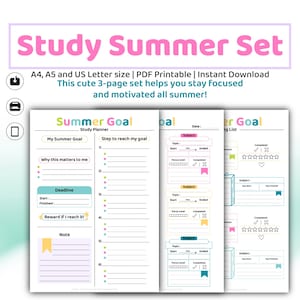 Planificador de objetivos de estudio de verano, seguimiento de estudios, lista de lectura / Planificador estudiantil para niños, adolescentes y universitarios / Tamaño carta (A4, A5, PDF imprimible)