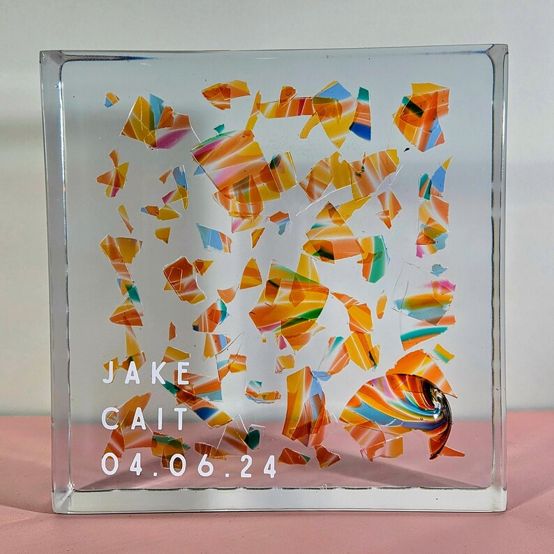 Smashed Glass Square Resin 8x8x2 Jewish Wedding Gift Tradition Memory Chuppah Mezuzah Resin Art Cube