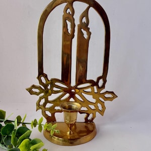 Vintage Solid Brass Christmas Candleholder/Candles and Holly
