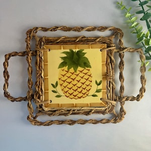 Vintage hand-painted ceramic pineapple design tile trivet