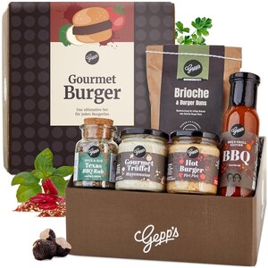 Burger Geschenkset Männer | BBQ Sauce, Texas Rub & Brioche Buns | Vatertag Geschenk Papa | Handgemacht ohne Zusatzstoffe
