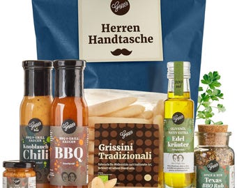 Lustiges Geschenk Mann Grillen – BBQ Feinkost Set in Herrenhandtasche | Vatertag Geburtstag Geschenk für Männer | Saucen Rub Gewürze