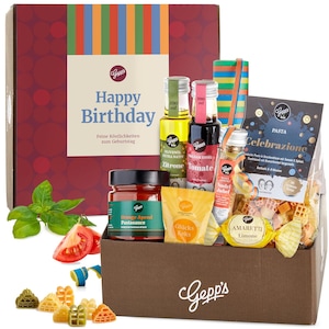 Feinkost Geschenkbox Geburtstag – Pasta, Pralinen & Luftschlangen Happy Birthday | Gourmet Geschenk für Frau und Mann | Delikatessen Box