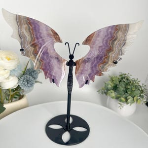 Hand-Carved Amethyst & Crazy Lace Agate Butterfly Wing - Free Stand
