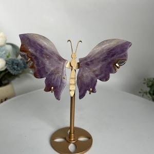 Hand-Carved Amethyst & Crazy Lace Agate Butterfly Wing: Free Stand