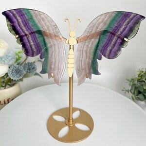 Rainbow Fluorite Crystal Butterfly Wings: Hand-Carved Healing Decor